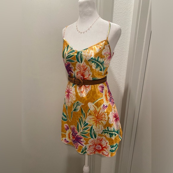 VTG Romantic Moods 90s Y2K Yellow Tropical Floral Cami Slip Mini Dress - L - Picture 4 of 15